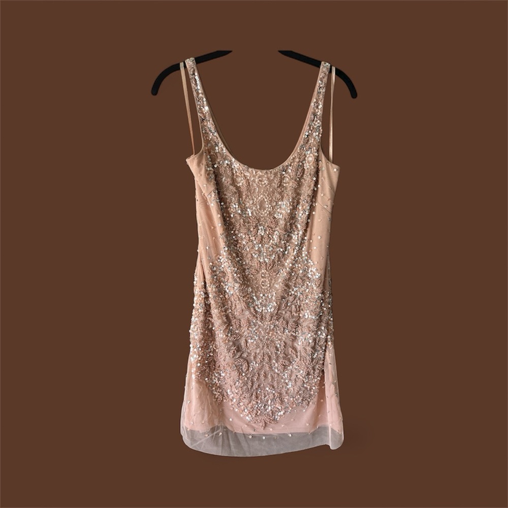 Cache Backless Sequin Mini Dress - Beige, Nude, Tan Size 4